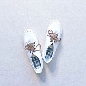 Two Star White Minimalist Sneakers Tan Laces Blue Plaid Insole Trainer Shoes 7
